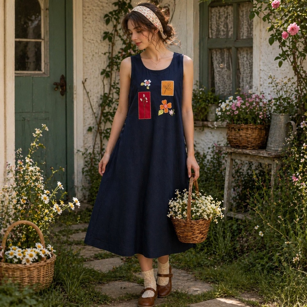 Amanda Smith Artsy Floral Embroidered Dress Sz Petite Large Cottage Vintage 90s